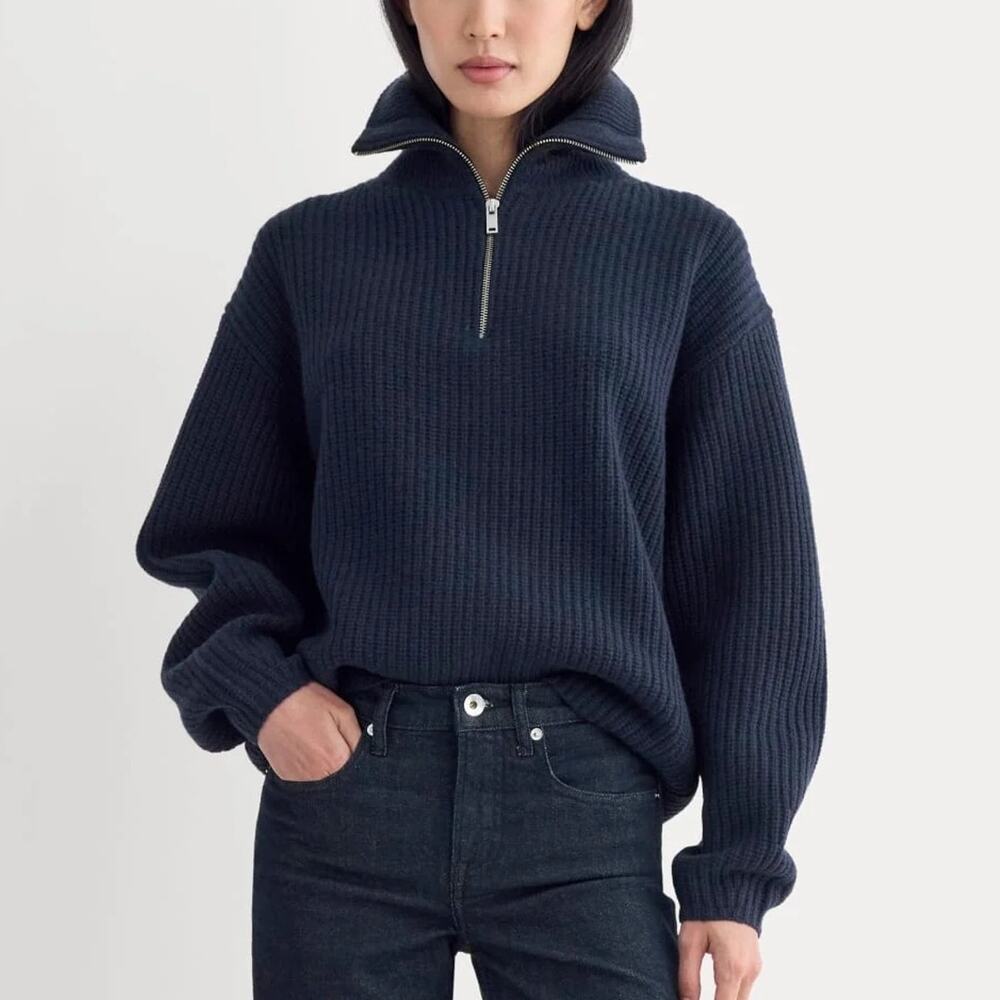 Everlane The Half Zip Sweater In Luxe Merino Wool Navy Blue Size Medium NWT